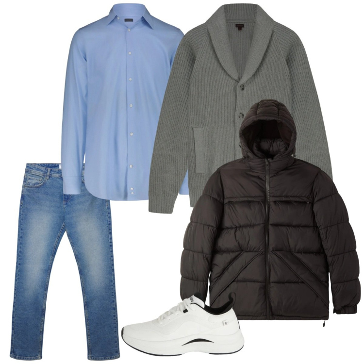 Outfit uomo - Febbraio. Stile Casual per Tutti i giorni. Abbinamento con bomber, jeans dritti, sneakers, camicie, cardigans.