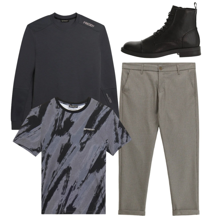 Outfit uomo - Total look #2345507. Stile Casual per Tutti i giorni. Abbinamento con pantaloni, anfibi, felpe, t-shirt.