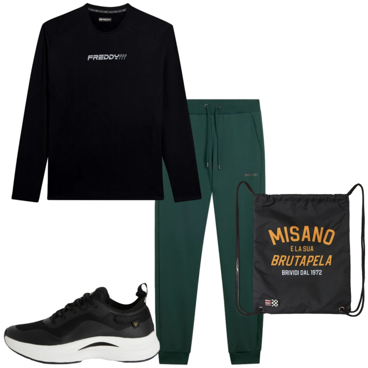 Outfit uomo - Total look #2345511. Stile Trendy per Sport. Abbinamento con borse sportive, sneakers, pantaloni, t-shirt.
