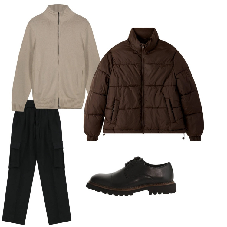 Outfit uomo - Febbraio. Stile Casual per Tutti i giorni. Abbinamento con bomber, pantaloni cargo, scarpe stringate, cardigans.