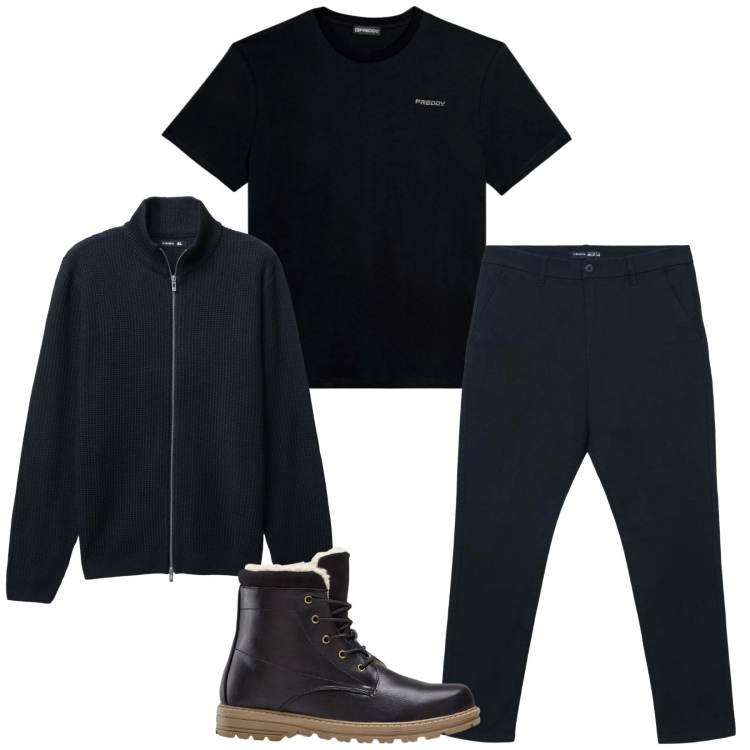 Outfit uomo - Total look #2345514. Stile Trendy per Tutti i giorni. Abbinamento con stivali e stivaletti, pantaloni chino, cardigans, t-shirt.