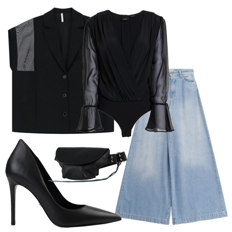 Outfit donna - Cena con lui. Stile Casual chic per Serata fuori. Abbinamento con body, décolleté, marsupi, gilet, jeans.