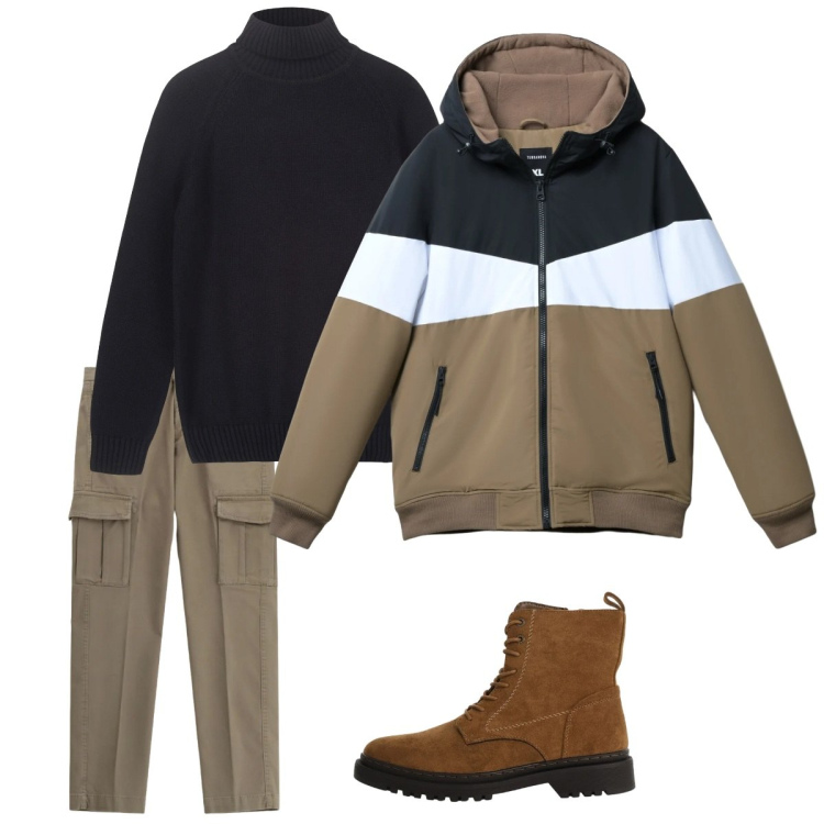 Outfit uomo - Febbraio. Stile Casual per Tutti i giorni. Abbinamento con pantaloni cargo, anfibi, piumini, pullovers.
