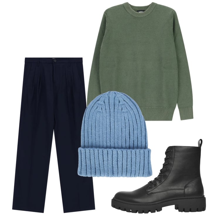 Outfit uomo - Febbraio. Stile Casual per Tutti i giorni. Abbinamento con anfibi, pantaloni, pullovers, berretti.