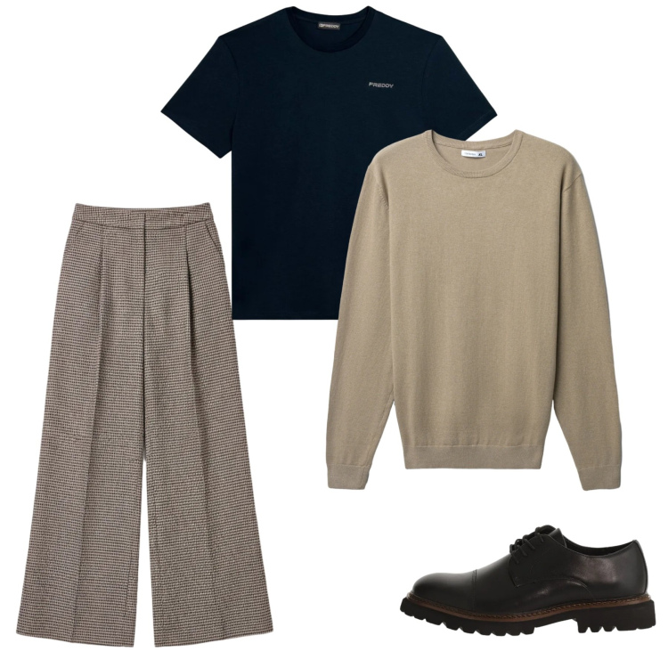 Outfit uomo - Febbraio. Stile Casual per Tutti i giorni. Abbinamento con maglieria, scarpe stringate, t-shirt, pantaloni a palazzo.
