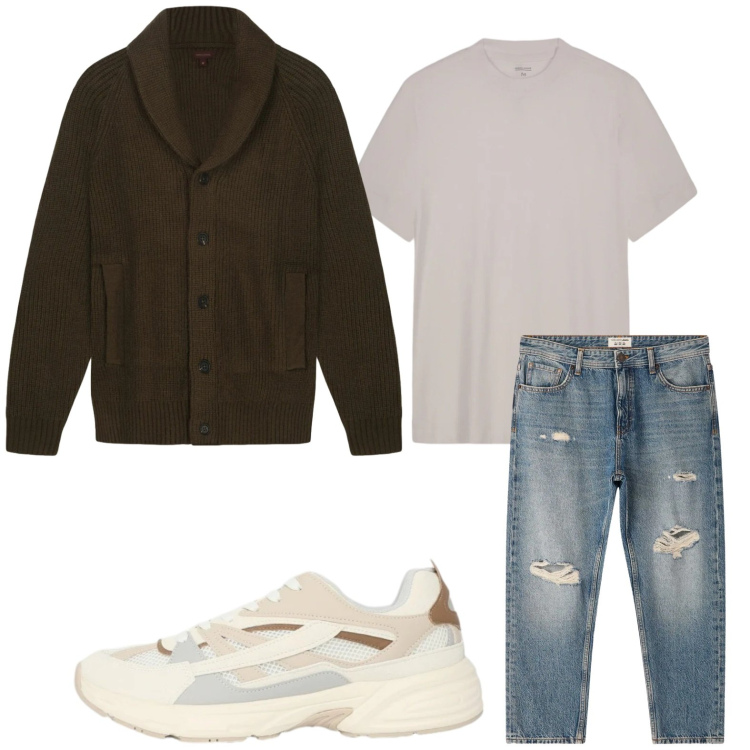 Outfit uomo - Street style. Stile Casual per Tutti i giorni. Abbinamento con sneakers, jeans strappati, cardigans, t-shirt.