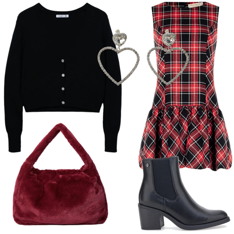 Outfit donna - Scozzese romantico. Stile Trendy per Serata fuori. Abbinamento con cardigans, borse a spalla, orecchini, vestiti corti, stivaletti.
