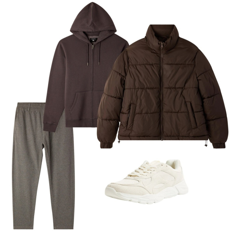 Outfit uomo - Febbraio. Stile Casual per Tutti i giorni. Abbinamento con sneakers, felpe con cappuccio, bomber, pantaloni.