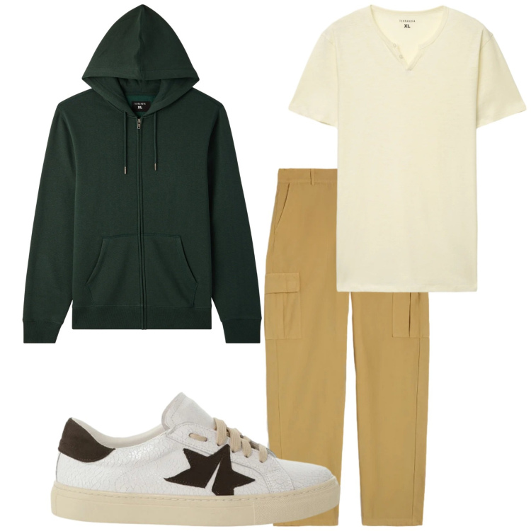 Outfit uomo - Total look #2345537. Stile Trendy per Tutti i giorni. Abbinamento con sneakers, felpe con cappuccio, t-shirt, pantaloni cargo.