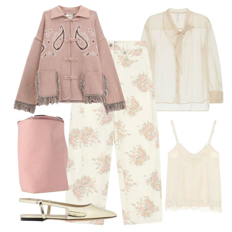 Outfit donna - Sfumature soft. Stile Casual chic per Ufficio. Abbinamento con zaini, ballerine, camicie, cardigans, pantaloni a palazzo, top.