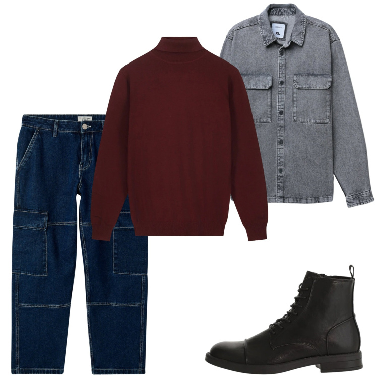 Outfit uomo - Febbraio. Stile Casual per Tutti i giorni. Abbinamento con jeans, cappotti, anfibi, maglieria.