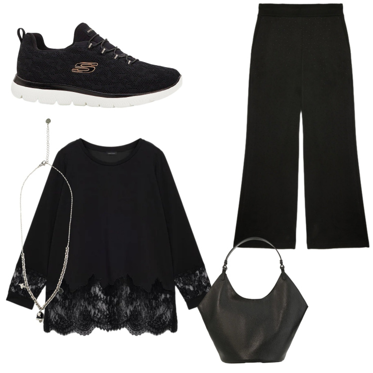 Outfit donna - Noir. Stile Casual per Tutti i giorni. Abbinamento con sneakers, bluse, pantaloni, borse a spalla, ciondoli.