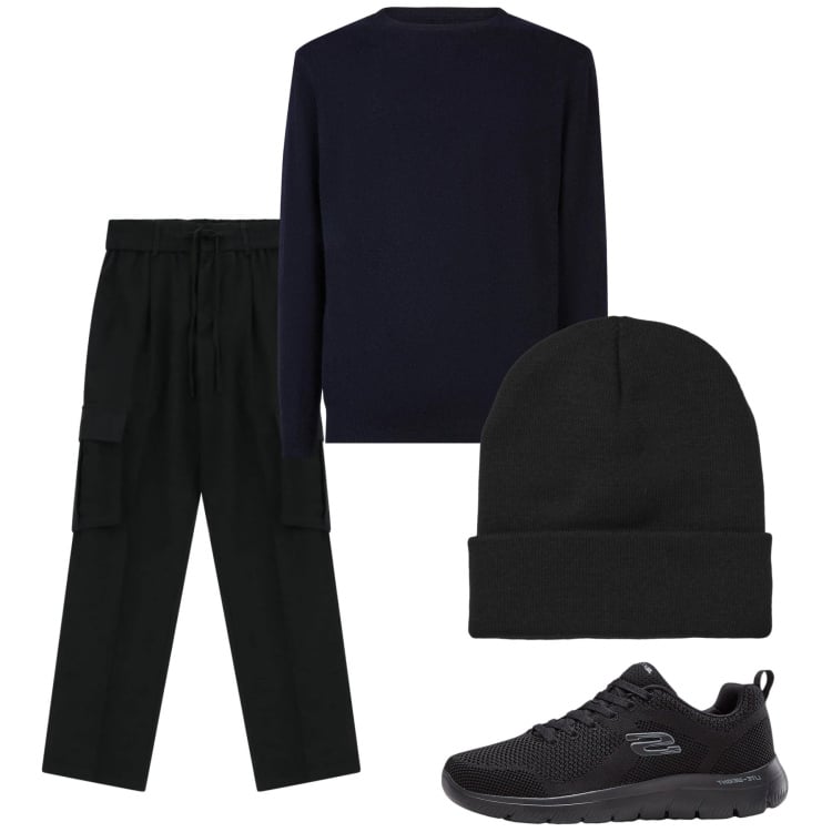 Outfit uomo - Febbraio. Stile Urban per Tutti i giorni. Abbinamento con sneakers, pantaloni cargo, berretti, maglieria.