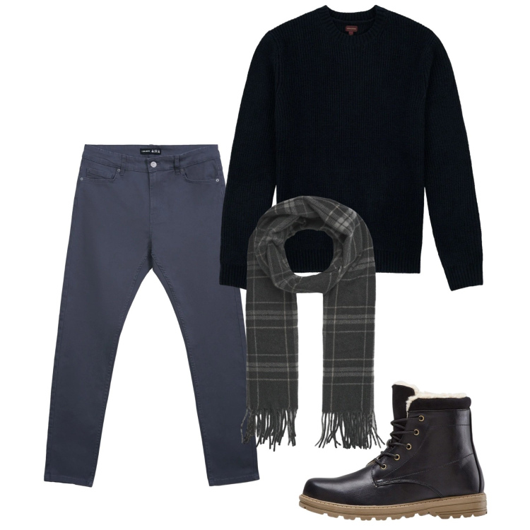 Outfit uomo - Febbraio. Stile Casual per Tutti i giorni. Abbinamento con stivali e stivaletti, pantaloni skinny, sciarpe, maglieria.