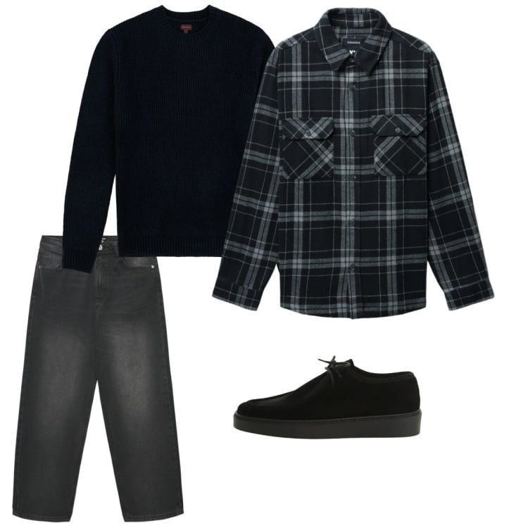 Outfit uomo - Febbraio. Stile Casual per Tutti i giorni. Abbinamento con scarpe stringate, cappotti, jeans dritti, maglieria.