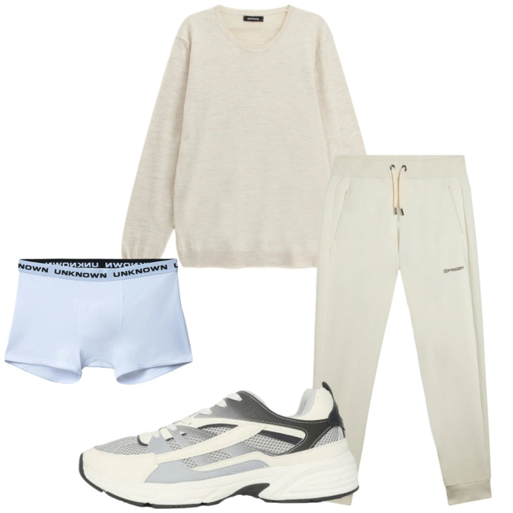 Outfit uomo - Total look #2345554. Stile Trendy per Tutti i giorni. Abbinamento con boxer, sneakers, maglieria, pantaloni.