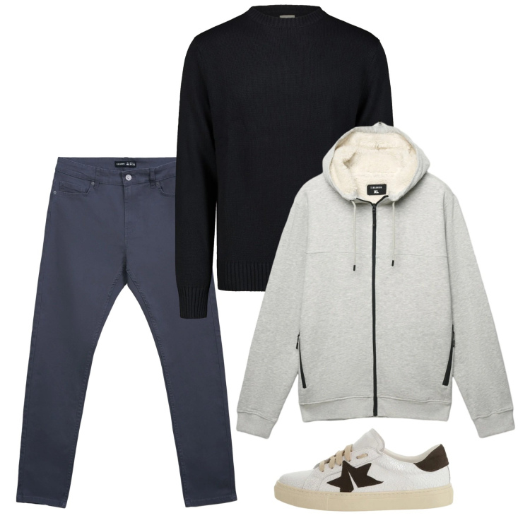 Outfit uomo - Weekend. Stile Casual per Tutti i giorni. Abbinamento con pantaloni skinny, felpe con cappuccio, sneakers, maglieria.