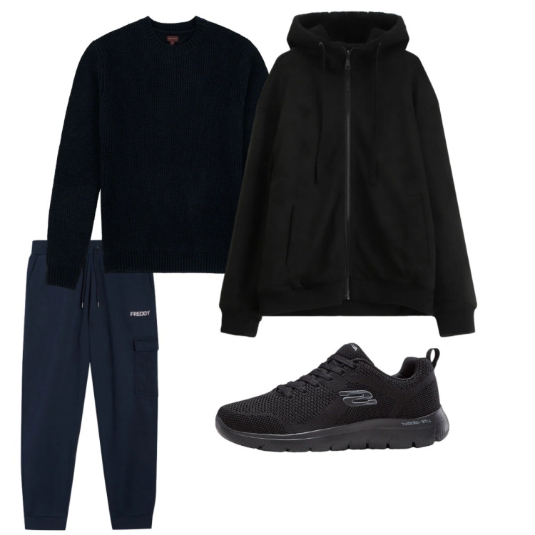 Outfit uomo - Febbraio. Stile Casual per Tutti i giorni. Abbinamento con sneakers, bomber, pantaloni cargo, maglieria.