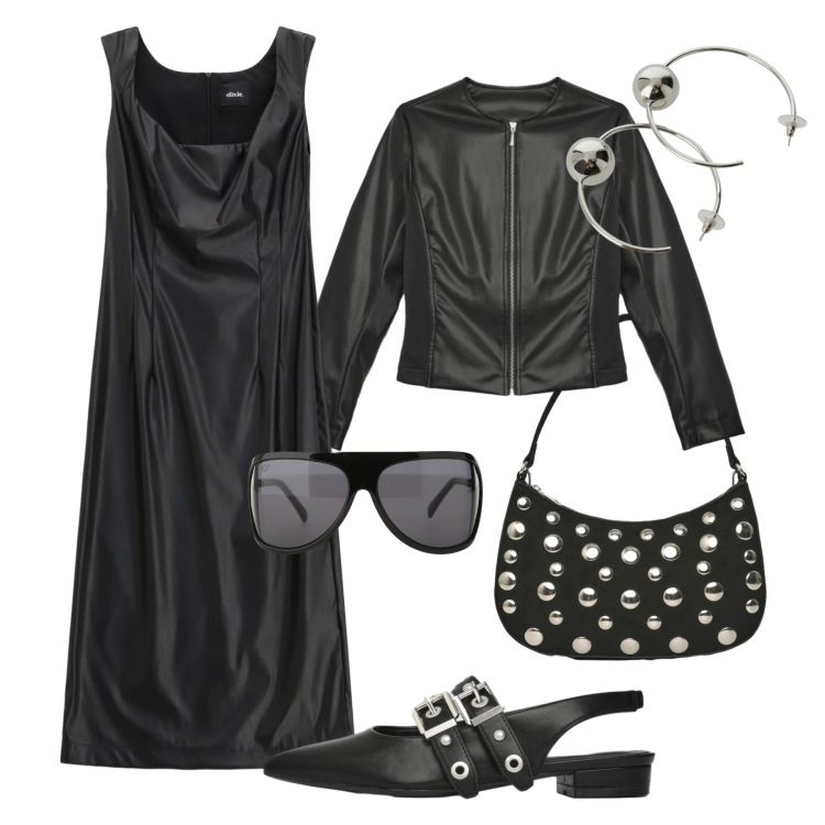 Outfit donna - Glam con grinta. Stile Glamour per Serata fuori. Abbinamento con ballerine, giacche, borse a tracolla, occhiali da sole, vestiti midi/longuette, orecchini.