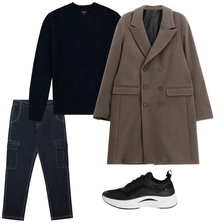 Outfit uomo - Febbraio. Stile Casual per Tutti i giorni. Abbinamento con pantaloni cargo, cappotti, sneakers, maglieria.