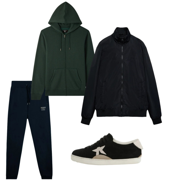 Outfit uomo - Febbraio. Stile Casual per Tutti i giorni. Abbinamento con sneakers, felpe con cappuccio, bomber, pantaloni.