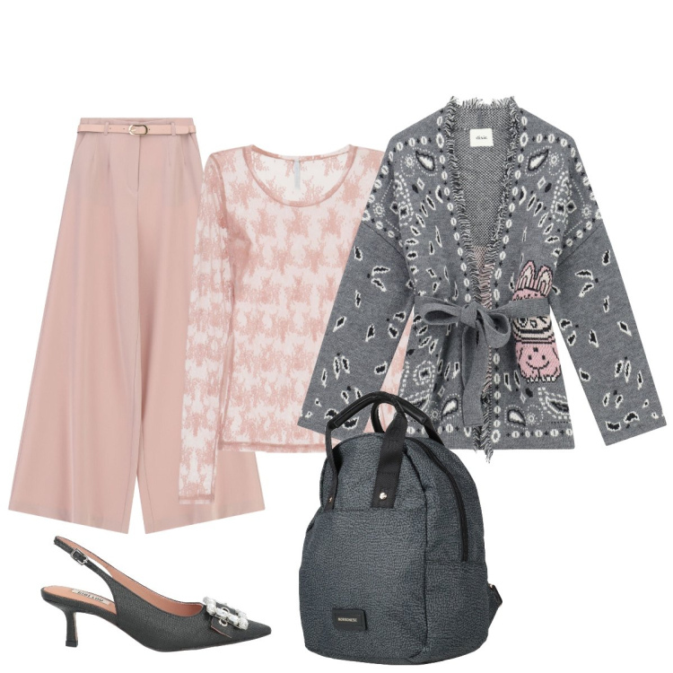 Outfit donna - Dolcezza del rosa serietà del grigio. Stile Chic per Cerimonia. Abbinamento con zaini, décolleté, bluse, pantaloni a palazzo, cardigans.