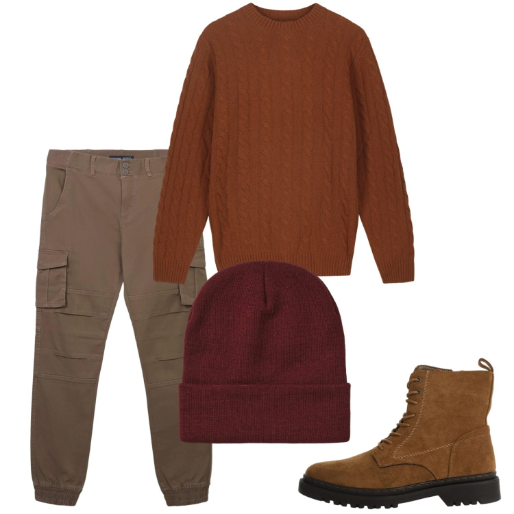 Outfit uomo - Febbraio. Stile Casual per Tutti i giorni. Abbinamento con anfibi, pantaloni cargo, berretti, maglieria.