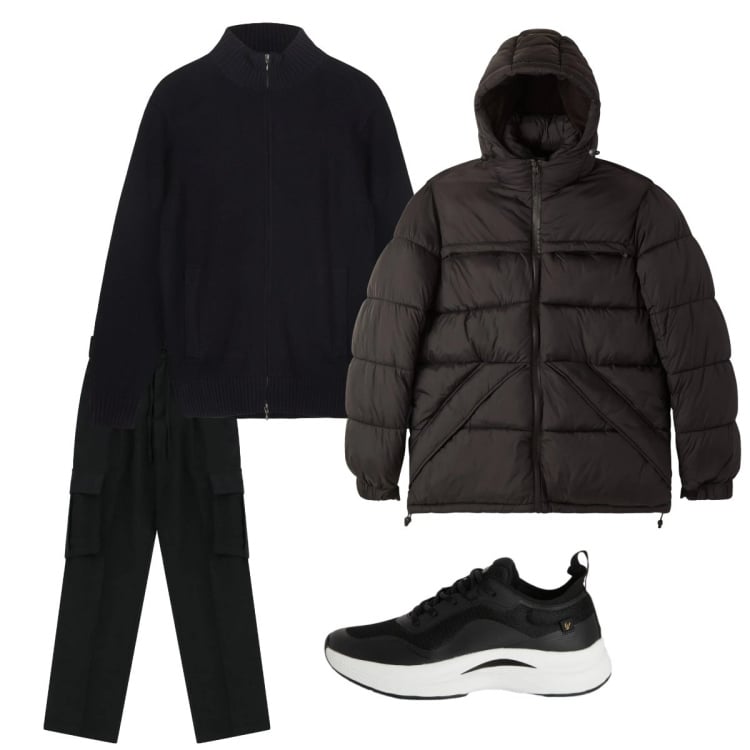 Outfit uomo - Febbraio. Stile Casual per Tutti i giorni. Abbinamento con pantaloni cargo, bomber, sneakers, cardigans.
