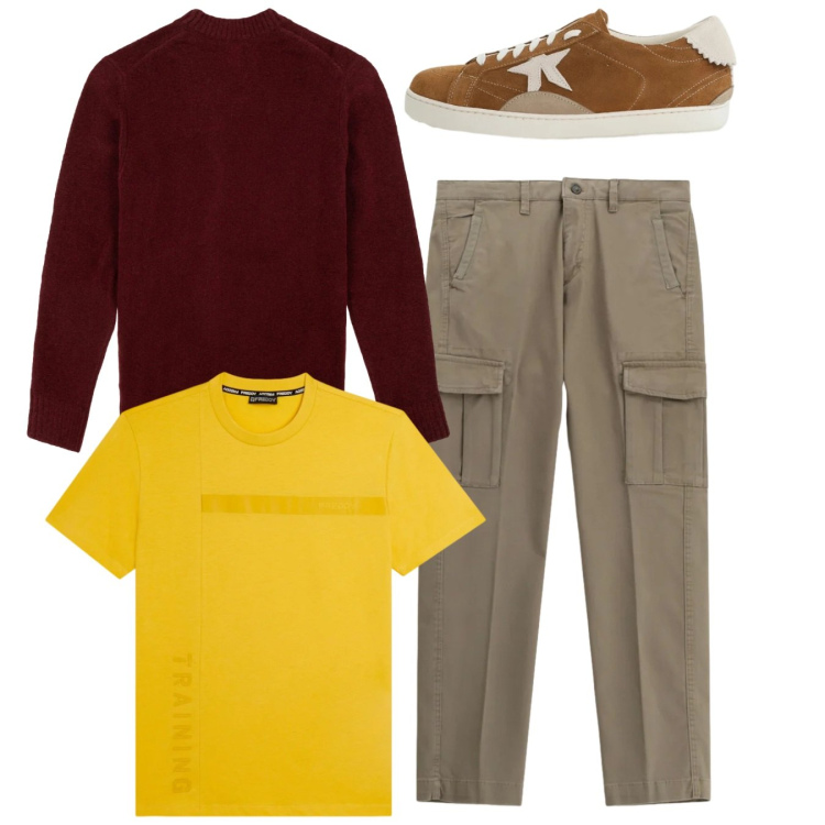 Outfit uomo - Street style. Stile Casual per Tutti i giorni. Abbinamento con pantaloni cargo, sneakers, t-shirt, maglieria.