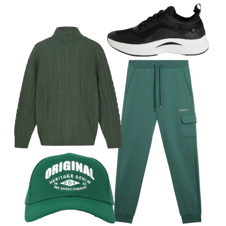 Outfit uomo - Cool. Stile Casual per Tutti i giorni. Abbinamento con cappelli con visiera, sneakers, pantaloni cargo, maglieria.
