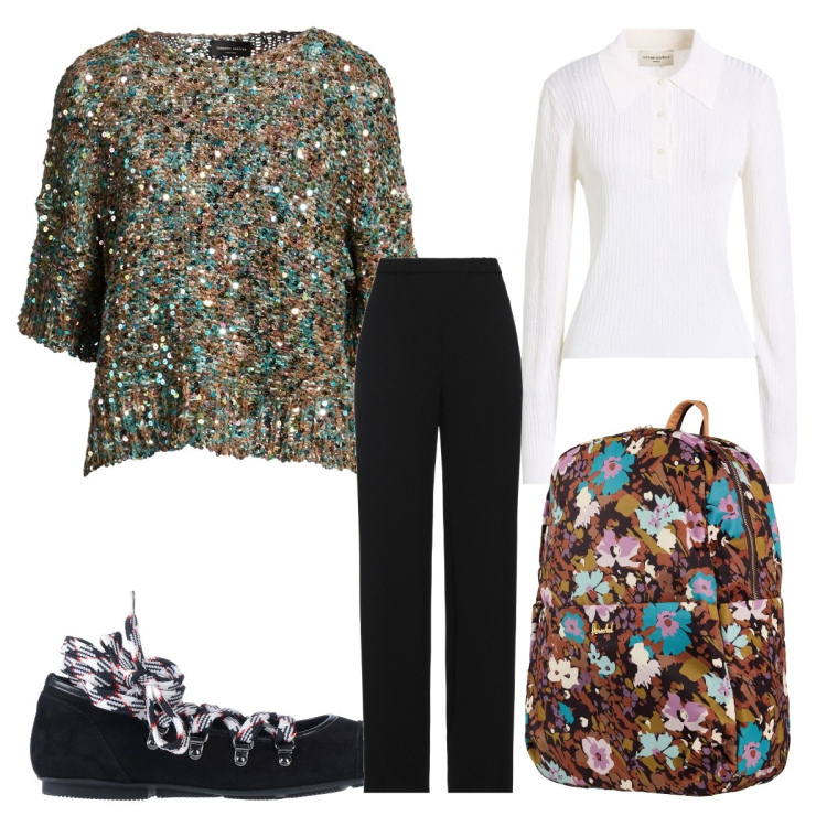 Outfit donna - Mix. Stile Trendy per Scuola/Università. Abbinamento con valigie, pullovers, ballerine, pantaloni, pullovers.