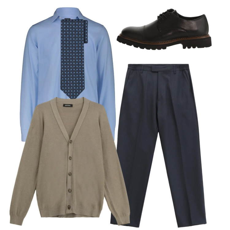 Outfit uomo - Look da ufficio. Stile Business/Elegante per Ufficio. Abbinamento con pantaloni, cardigans, scarpe stringate, cravatte, camicie.