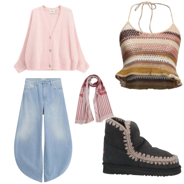 Outfit donna - Ultimo freddo. Stile Casual per Tutti i giorni. Abbinamento con top, sciarpe, stivaletti, cardigans, jeans.