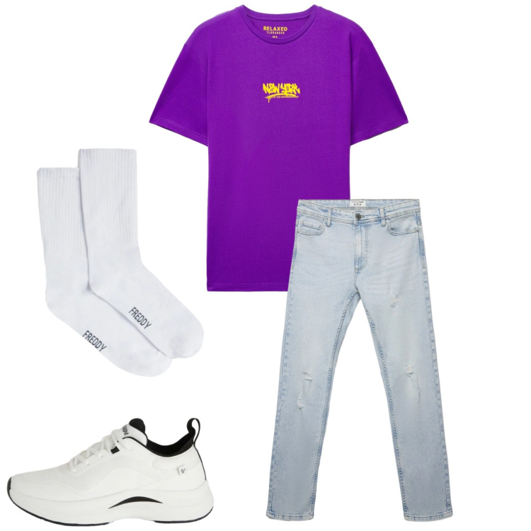 Outfit uomo - Total look #2345593. Stile Casual per Tutti i giorni. Abbinamento con jeans strappati, t-shirt, sneakers, calzini.