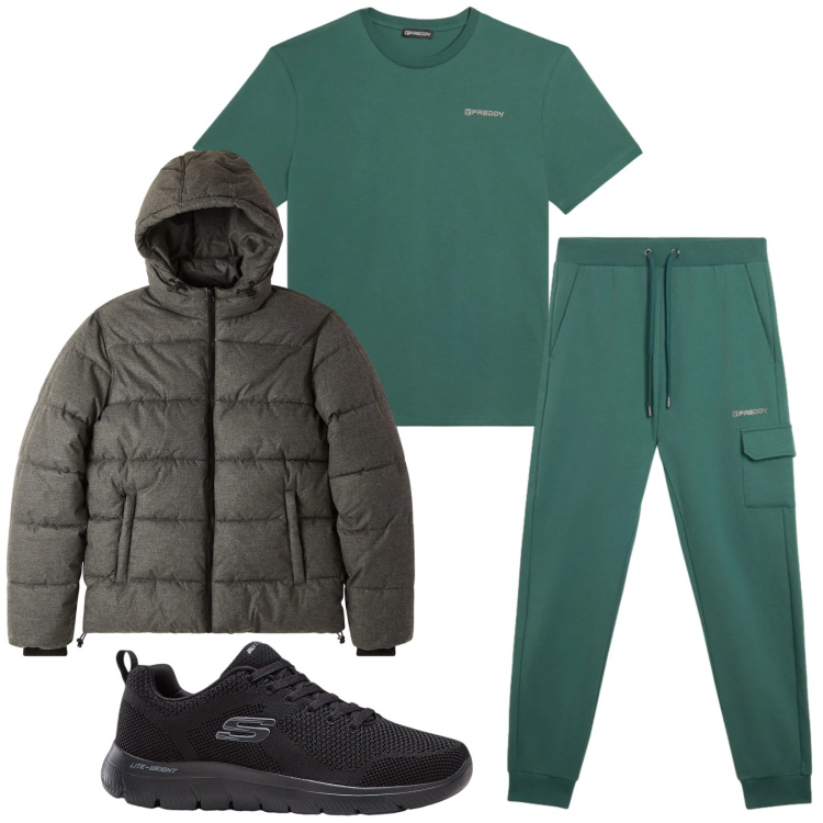 Outfit uomo - Total look #2345599. Stile Casual per Sport. Abbinamento con sneakers, bomber, pantaloni cargo, t-shirt.