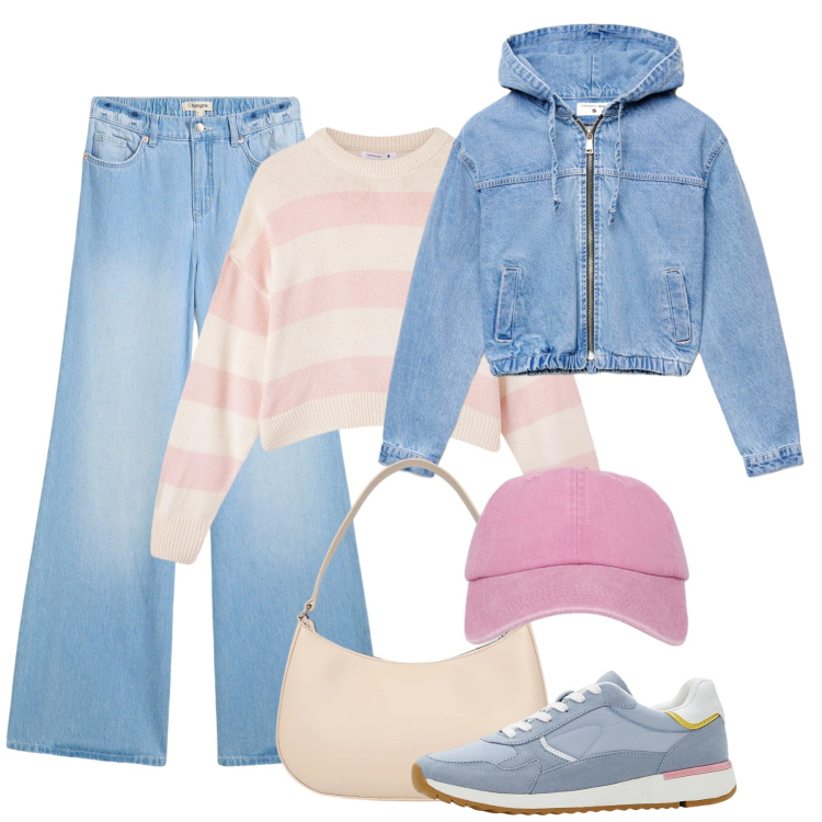 Outfit donna - Teen at school. Stile Casual per Scuola/Università. Abbinamento con jeans, sneakers, bomber, maglieria, cappelli con visiera, borse a tracolla.