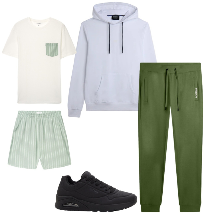Outfit uomo - Total look #2345602. Stile Trendy per Sport. Abbinamento con sneakers, abbigliamento da notte, felpe con cappuccio, pantaloni.