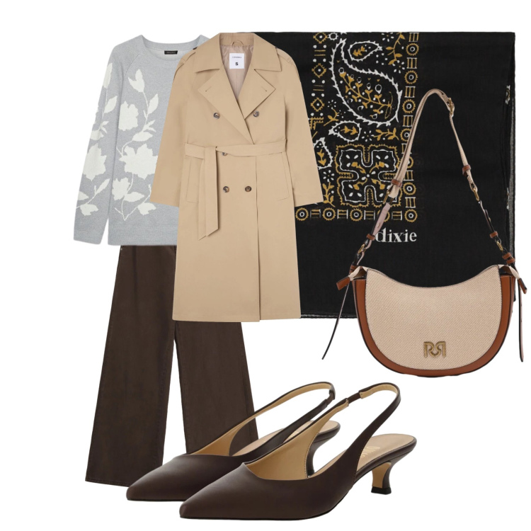 Outfit donna - Annotata. Stile Casual chic per Ufficio. Abbinamento con trench, maglieria, décolleté, foulard, pantaloni a palazzo, borse a tracolla.