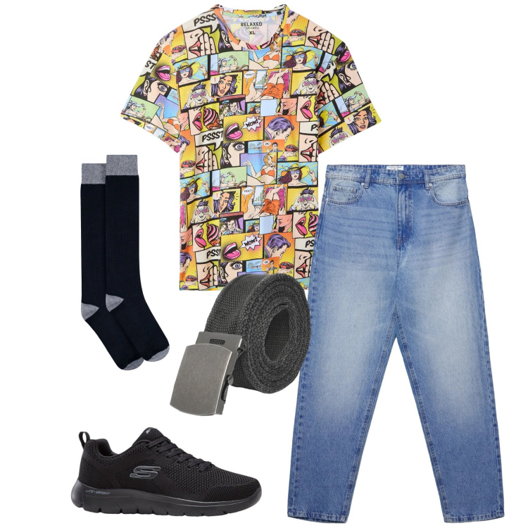 Outfit uomo - Total look #2345606. Stile Trendy per Tutti i giorni. Abbinamento con sneakers, t-shirt, cinture, jeans, calzini.