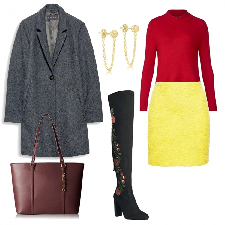 Outfit donna - Trendy #3617. Stile Trendy per Ufficio. look ideale per Tall. Abbinamento con stivali nero, shopping bag rosso e bordeaux, giubbotto al ginocchio taglio dritto monopetto grigio, gonna giallo, maglione rosso, orecchini in oro giallo 9ct.