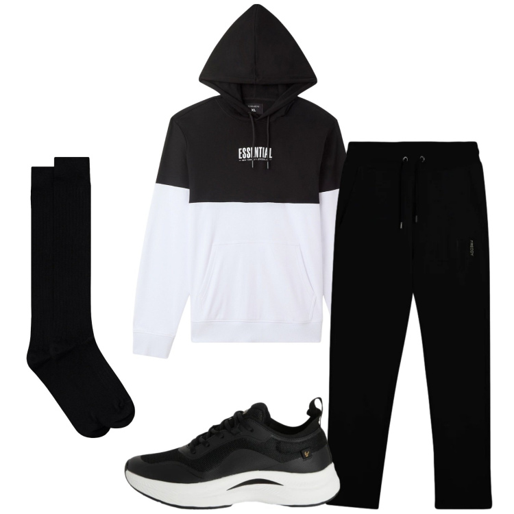 Outfit uomo - Total look #2345611. Stile Casual per Tutti i giorni. Abbinamento con felpe con cappuccio, sneakers, pantaloni, calzini.