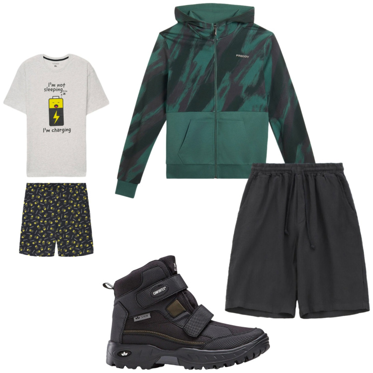 Outfit uomo - Total look #2345617. Stile Trendy per Sport. Abbinamento con stivali e stivaletti, bermuda, abbigliamento da notte, felpe con cappuccio.