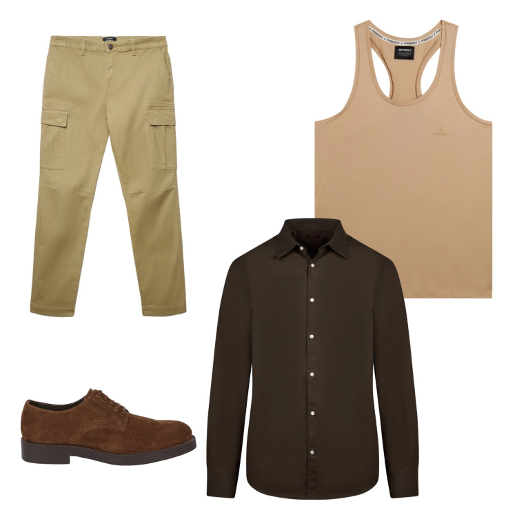 Outfit uomo - Earthy Safari Utility. Stile Casual per Tutti i giorni. Abbinamento con pantaloni cargo, canottiere, camicie, scarpe stringate.