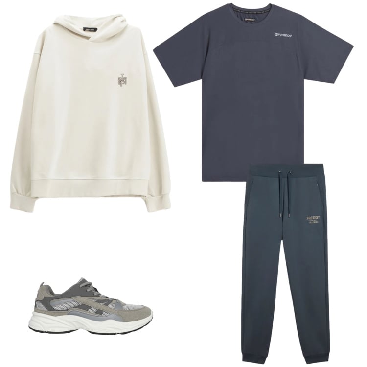 Outfit uomo - Tech-Athleisure Minimal. Stile Casual per Tutti i giorni. Abbinamento con sneakers, felpe con cappuccio, t-shirt sportive, pantaloni.