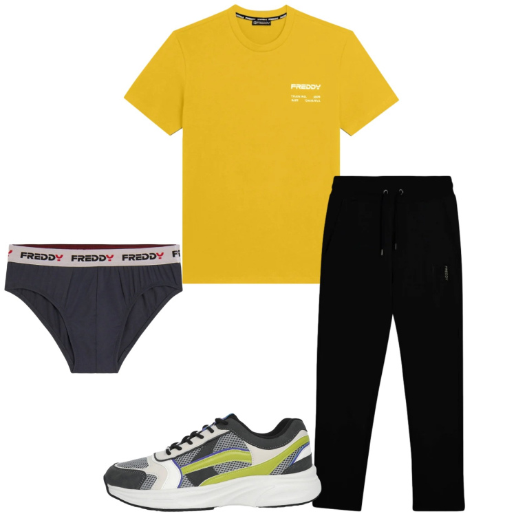 Outfit uomo - Total look #2345628. Stile Urban per Sport. Abbinamento con sneakers, pantaloni, slip, t-shirt.