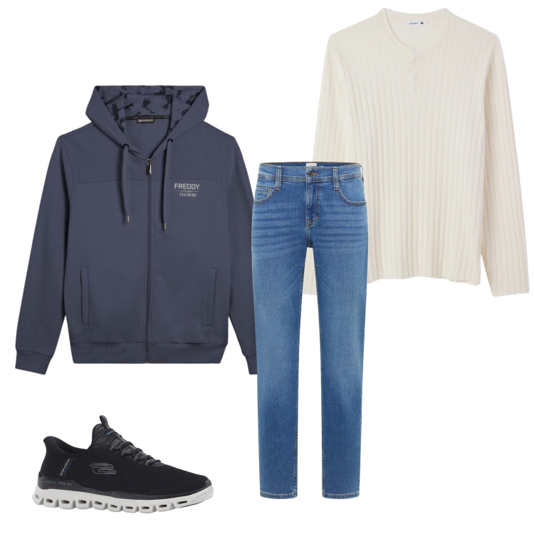 Outfit uomo - Weekend Chill Sereno. Stile Casual per Tutti i giorni. Abbinamento con sneakers, jeans bootcut, maglieria, felpe con cappuccio.