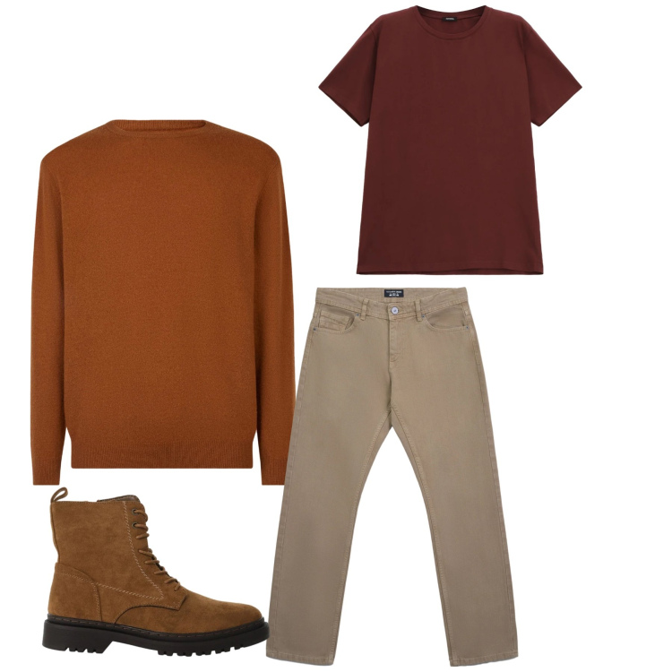 Outfit uomo - Autumn Hearth & Heritage. Stile Casual per Tutti i giorni. Abbinamento con jeans, t-shirt, anfibi, maglieria.