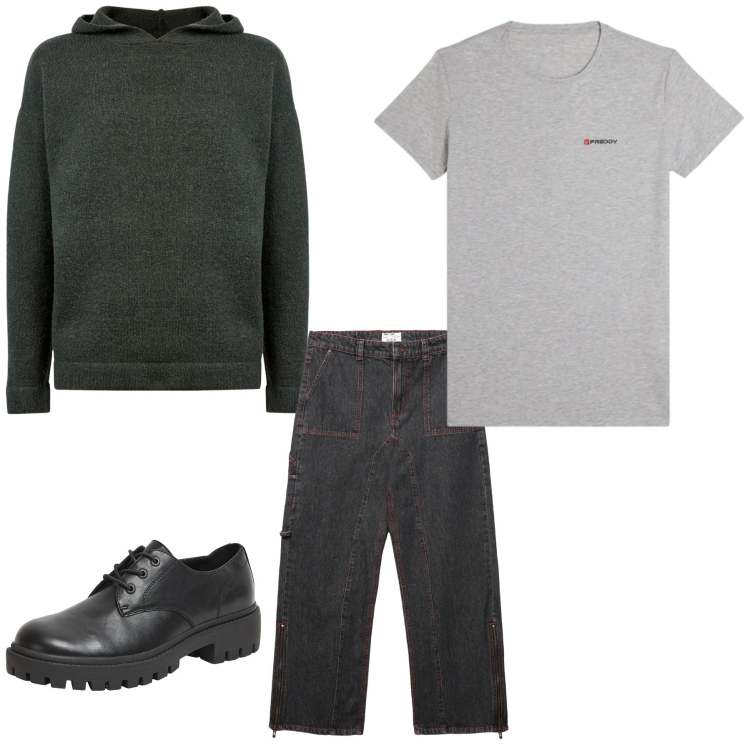 Outfit uomo - Dark Industrial Edge. Stile Casual per Tutti i giorni. Abbinamento con scarpe stringate, jeans dritti, t-shirt sportive, maglieria.