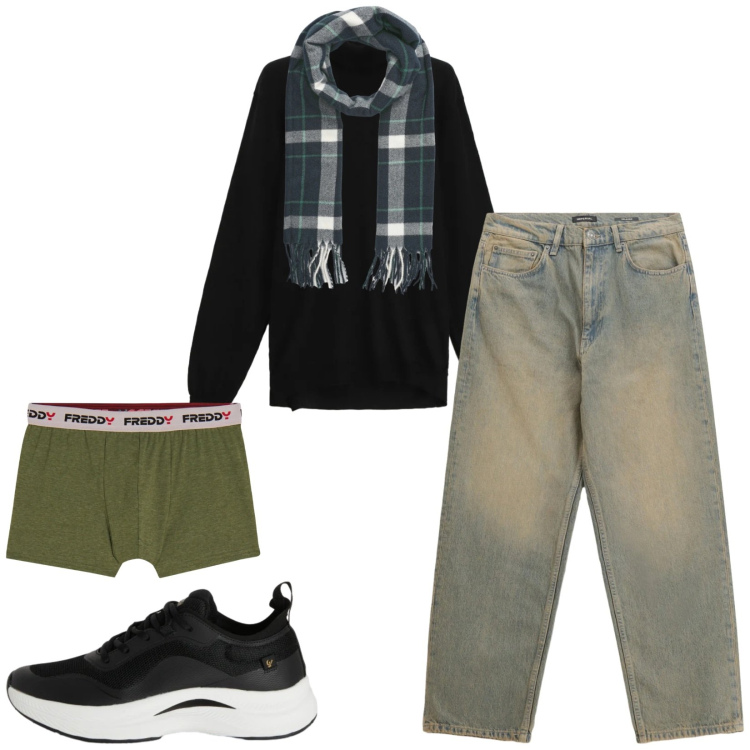 Outfit uomo - Total look #2345638. Stile Trendy per Tutti i giorni. Abbinamento con jeans, maglieria, sciarpe, sneakers, boxer.