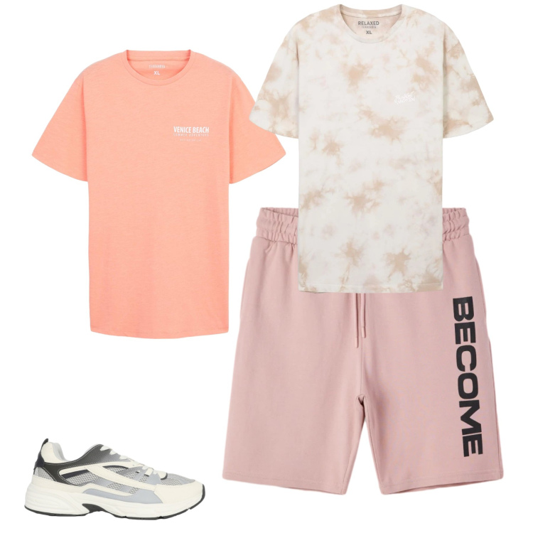 Outfit uomo - Sunset Peach & Pastel. Stile Casual per Tutti i giorni. Abbinamento con t-shirt, t-shirt, sneakers, bermuda.